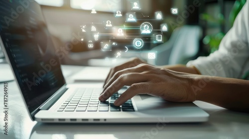 Social media and Marketing virtual icons screen concept. close-up of a businessman typing keyboard with a laptop computer on a wooden desk in a modern office.