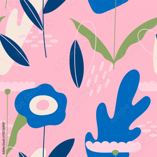 Cute spring and summer flowers on a pink background. Seamless pattern. Vector illustration in modern style.