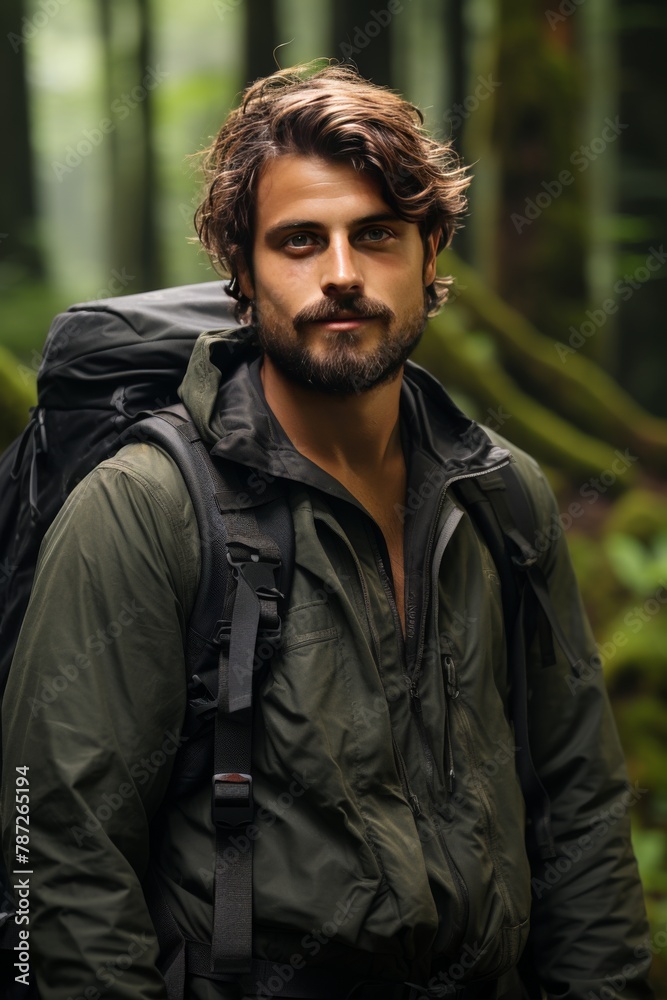 A lone man with a backpack hiking through a dense forest surrounded by towering trees