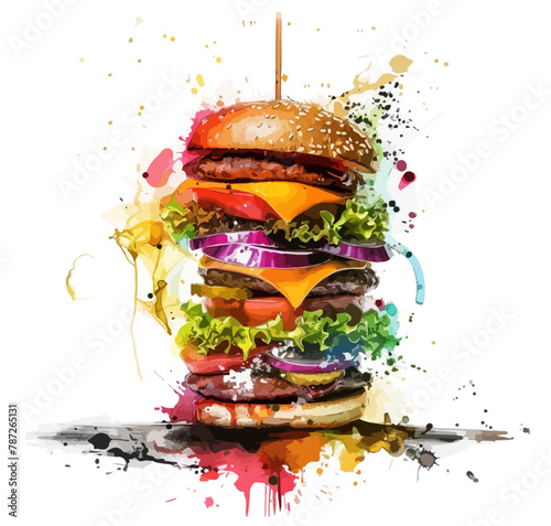 Burger Fleisch Turm Fastfood Wasserfarben Vektor Cheeseburger Illustration Hamburger