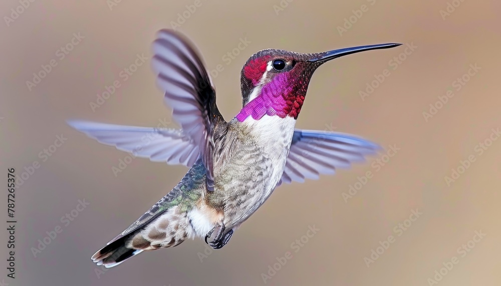 Fototapeta premium Vibrant hummingbirds in flight, aiming for flower nectar, showcasing beautiful colors