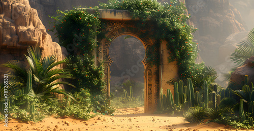 A lush green archway in a desert setting
