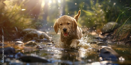 An adorable puppy frolics in a stream, playfully with a cardboard box on its head, exuding innocence and curiosity