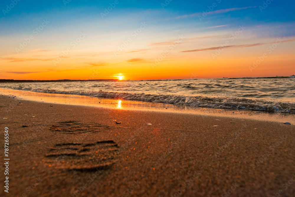 Footprints in the Sand at Sunset on the Polish Baltic Sea