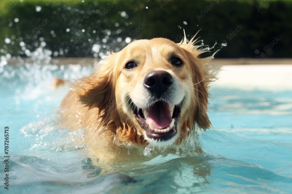 A dog gracefully swims in a tranquil pool of water