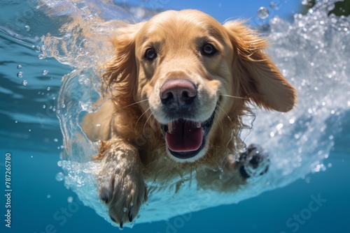 A dog joyfully swims in the water with its mouth open