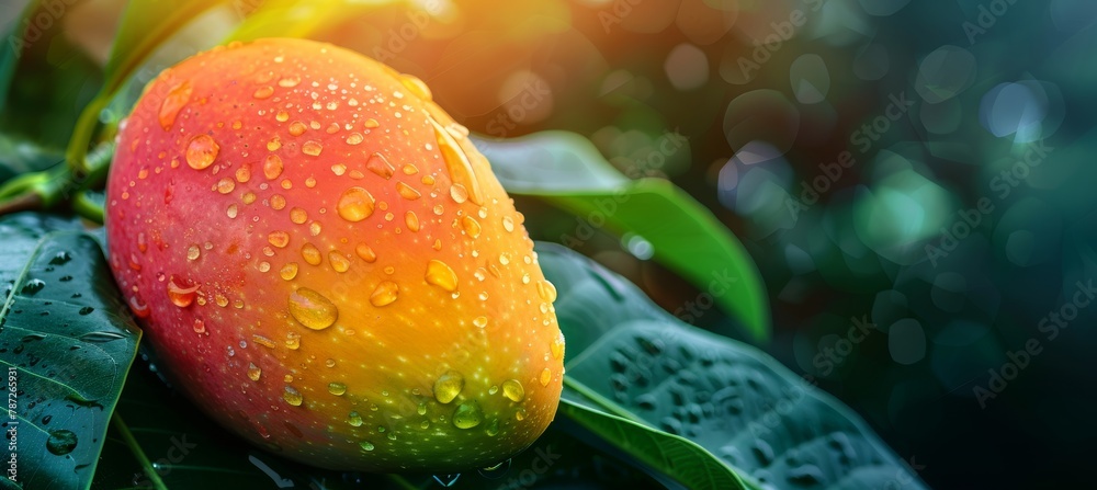 Macro close up of ripe mango with water droplets on tree, ideal wide banner with copy space