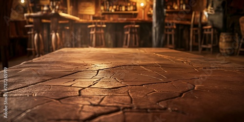 The image captures the rugged and warm ambiance of a wooden tavern with vintage-style furniture and dim lighting