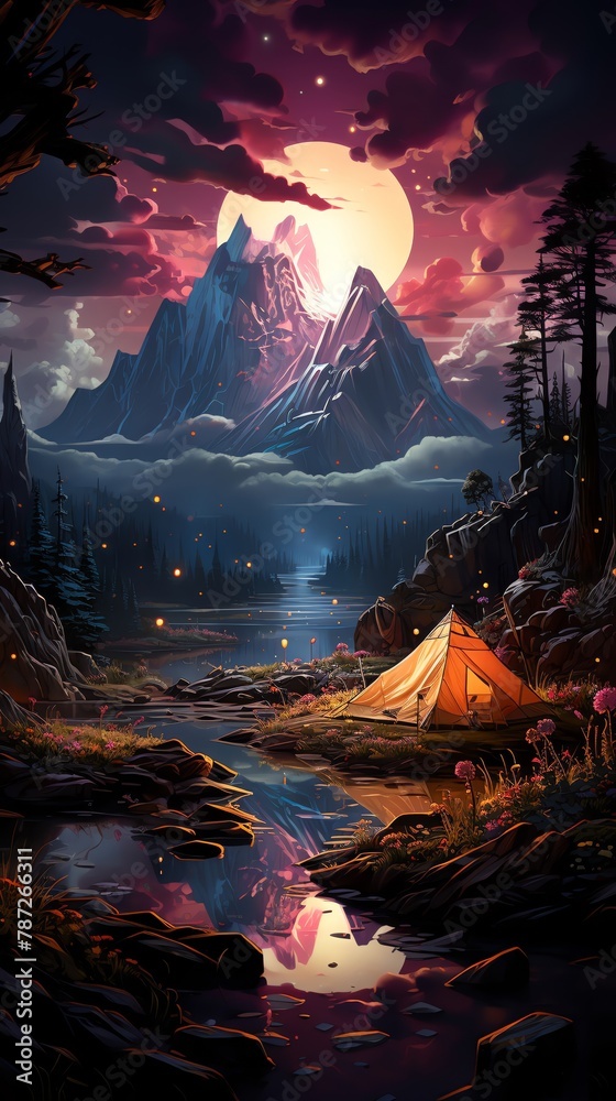 Capture a surrealistic scene of wilderness camping at a tilted angle view, illuminated by innovative lighting techniques Infuse the image with dreamlike elements using digital rendering techniques lik