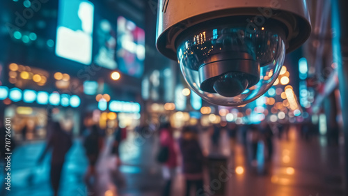 Close-up of a surveillance camera overlooking a bustling city street at night, with vibrant lights and pedestrians.