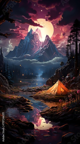 Capture a surrealistic scene of wilderness camping at a tilted angle view, illuminated by innovative lighting techniques Infuse the image with dreamlike elements using digital rendering techniques lik