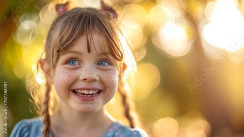 child's infectious smile and sparkling blue eyes, portrait, with each sunbeam adding to warmth and happiness radiating from girls face. concept of childhood, carefree, dreams