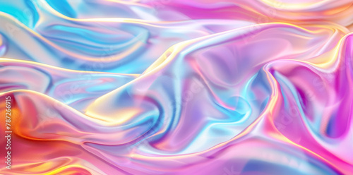 3D render of a colorful iridescent holographic background. Colorful abstract fluid liquid waves with a hologram effect, holography, a shiny wavy cloth texture.