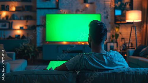 A man is sitting on the sofa in his modern white living room, watching TV with a green screen.