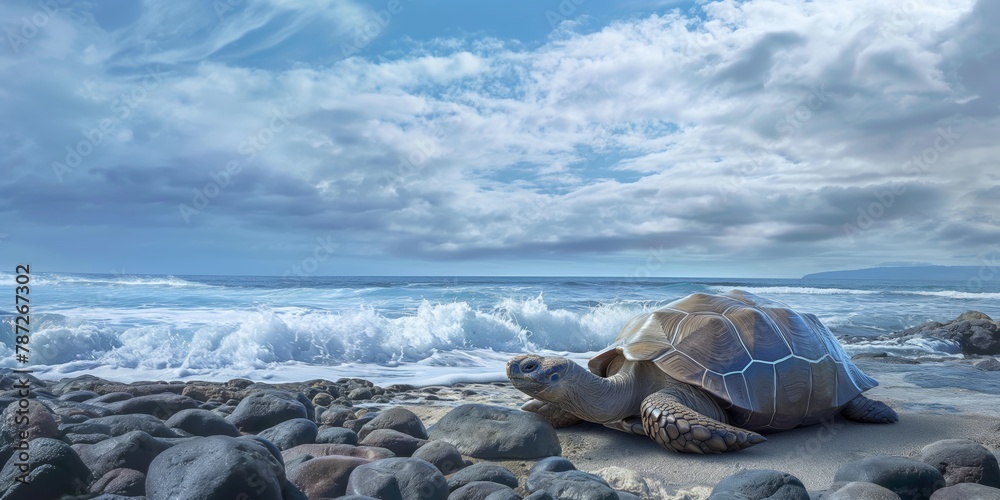 A serene turtle sits amidst rocky terrain with waves crashing in the background, depicting tranquility of nature