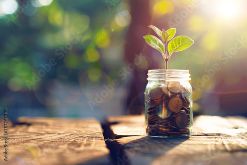 A glass jar filled with coins and a growing plant on a wooden table in the sunlight, a closeup photo of a financial concept in the style of growing plant. photo