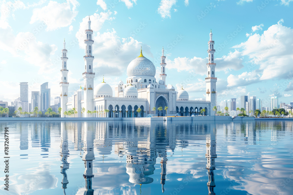 Obraz premium 3d rendering of white mosque with reflection on water, Abu Dhabi city landscape background, blue sky and clouds.Eid al-Adha
