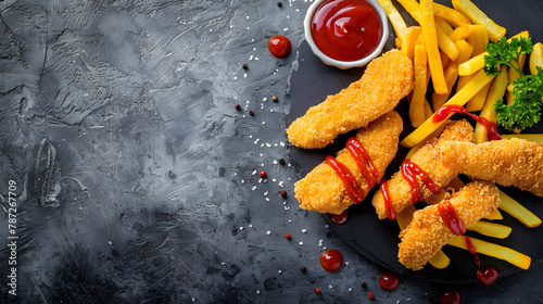 Breaded chicken strips with french fries and ketchup Gray backgrund Top view Copy space : Generative AI © Generative AI