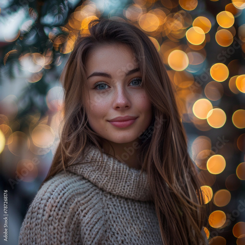 A woman with long brown hair is wearing a white sweater and smiling