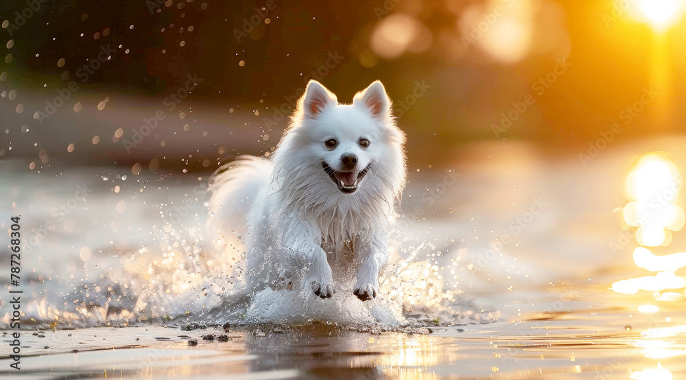 A happy White spitz dog running and splashing in the water near an idyllic lake,