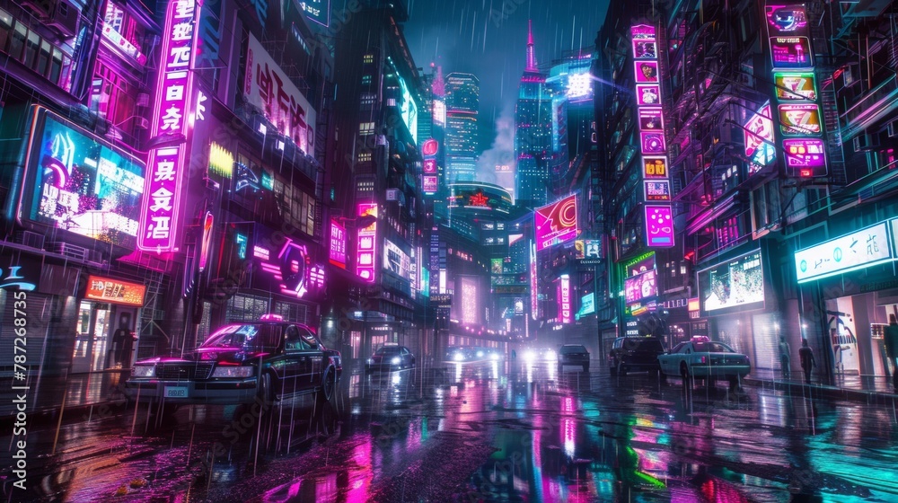 Futuristic cyberpunk cityscape at night with glowing neon lights and holographic advertisements. Wide-angle lens and cool color palette evoke mystery and intrigue.