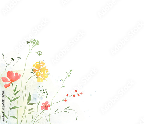 Floral background with abstract green plants and simple flowers, delicate watercolor illustration for template invitation or greeting cards, wallpaper or cover, border with abstract design elements.