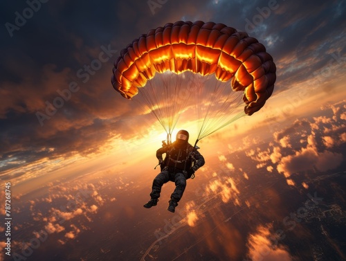 Skydiver, parachute, soaring through the clouds, heart pounding excitement, during a sunset
