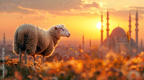 Cute sheep sitting on the carpet in a mosque at sunset. The concept of the holy month of Ramadan, with sharp focus.