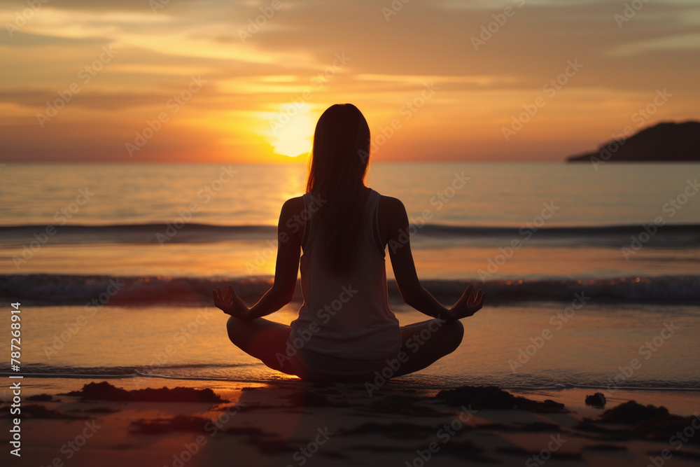 Silhouette of young woman practicing yoga and meditating at coastline beach.
