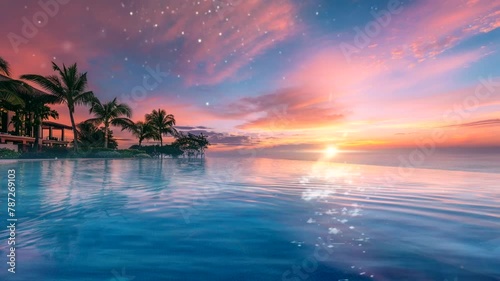 Sunset scene at a hotel with a swimming pool, animated virtual repeating seamless 4k	
 photo