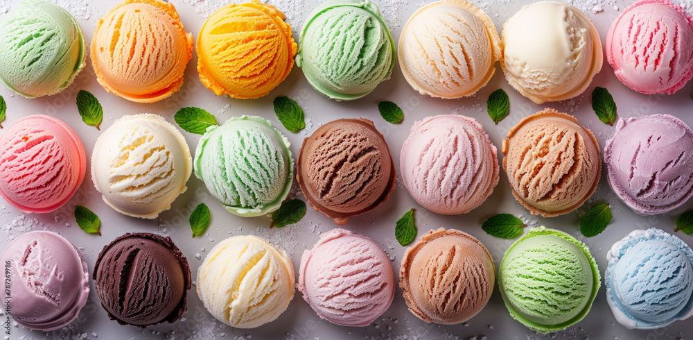 Colorful ice cream balls background, top view of many different colors and flavors of ice cream in cones and ball shapes on flat surface. Colorful ice cream balls background, top view of many different colors and flavors of ice cream in cones and ball shapes on flat surface.