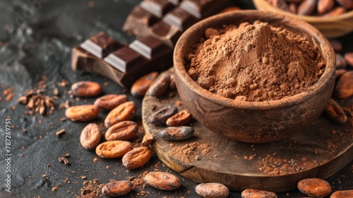 Cocoa powder in a bowl, cocoa beans and dark chocolate on the table