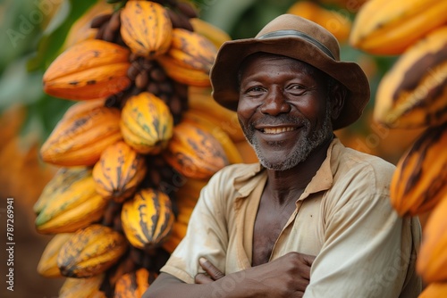 Cheerful Nigerian farmer smiling and looking at camera at cocoa plantation among ripe cocoa pods