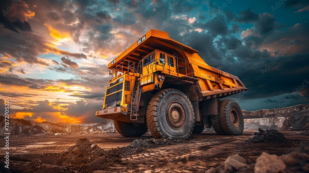 Colossal Yellow Mining Truck's Power Revealed in Dynamic Angle Amidst Dramatic Sky