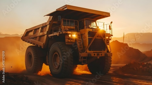 Golden Hour at the Mining Site: A Giant Yellow Truck in Action during Sunset