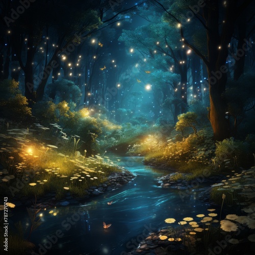 Dreamscape, mist, serene, a mystical forest filled with glowing fireflies, a gentle breeze whispers through the trees © Anchalee