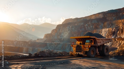 Solitary Yellow Mining Truck Awaits Dawn at the Open-Pit Mine
