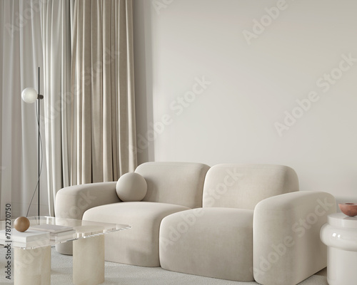 Home interior background, modern living room, blank wall, 3D render
