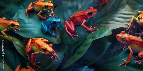 This image captures the striking beauty of vibrant, multicolored frogs contrasting against the deep green of tropical foliage photo