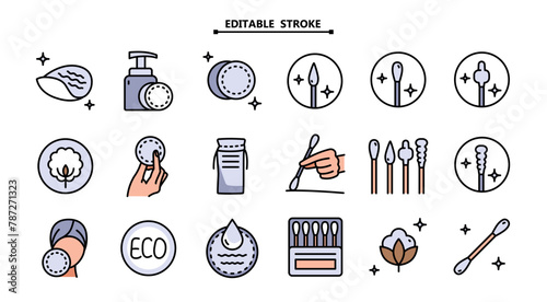 Cotton pads, ear stick in color style. Makeup, hygiene products vector illustration. Medical tools, hygiene objects. Cotton swabs, clean, medical, tool, stick free vector icons set.
