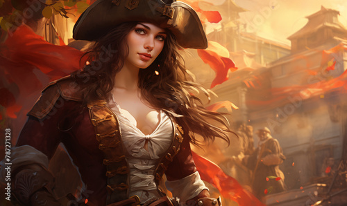 Beautiful pirate woman with wooden ship in the background, panoramic view, generated ai