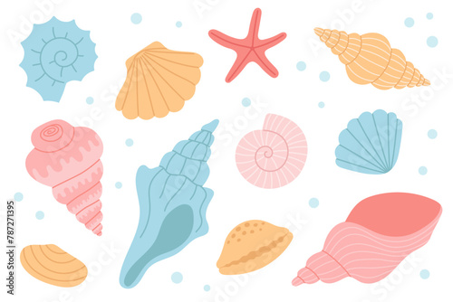 Set of hand drawn seashell, mollusks, starfish. Design elements for print, stickers, greeting card and invitation. 