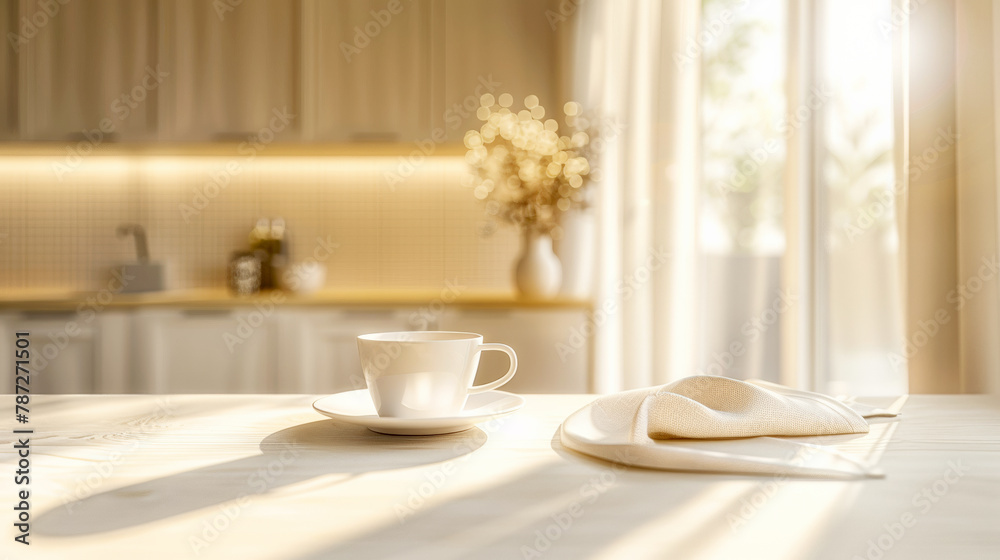 Minimalistic beige kitchen interior with white counter top and coffee set on blurred background