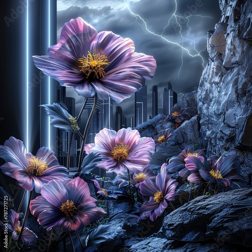 Immerse viewers in a surreal blend of futuristic technology and organic beauty with a 3D CG rendering of the Panoramic view Garden of AI Dreams Highlight intricate cybernetic flowers in vivid, photore photo