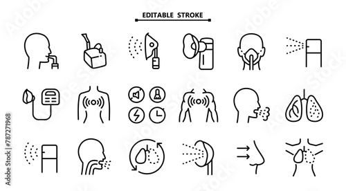 Nebulizer signs collection. Editable stroke. Medical equipment for inhalation in the diseases, asthma, bronchitis. Vector set of nebulizers of different types. Vector illustration. Healthcare symbol photo