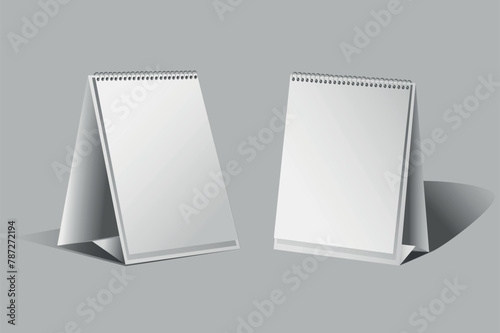 A collection of desktop calendar mockups in realistic 3d design. Black and white image with a desk calendar, for home, office, etc. on a gray background. Vector illustration.