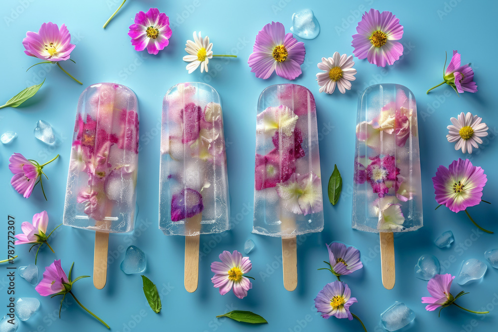 photo of floral popsicles with ice and flowers on blue background, flat lay, top view photo of floral popsicles with ice and flowers on blue background, flat lay, top view
