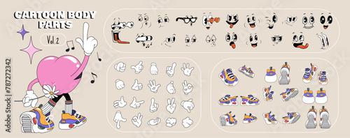 Set of 70s groovy comic elements. Collection of body parts cartoon character faces in different emotions, hand, glove, shoes sneakers. Cute retro groovy hippie illustration for decorative, sticker.	