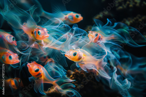 A mesmerizing group of translucent fish gliding through the water, their delicate fins flowing like silk in an underwater ballet.
