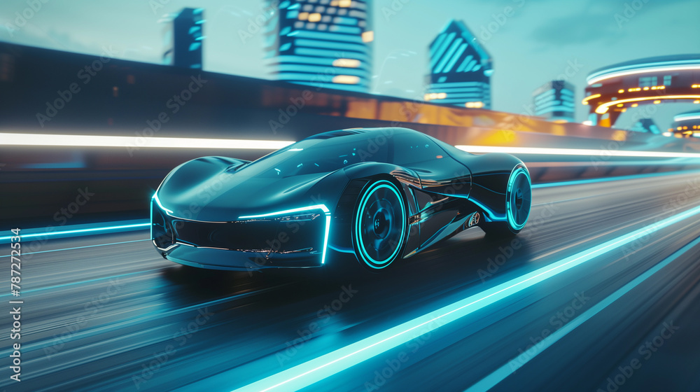 Futuristic supercar moving on high way in a night city, with neon lights, high speed blur cityscape. Generative AI.
